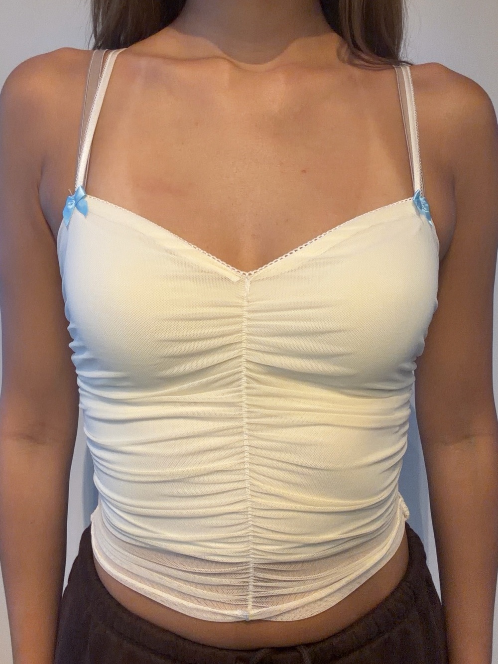 Urban Outfitters Cream Ruched Camisole with Light Blue Bows